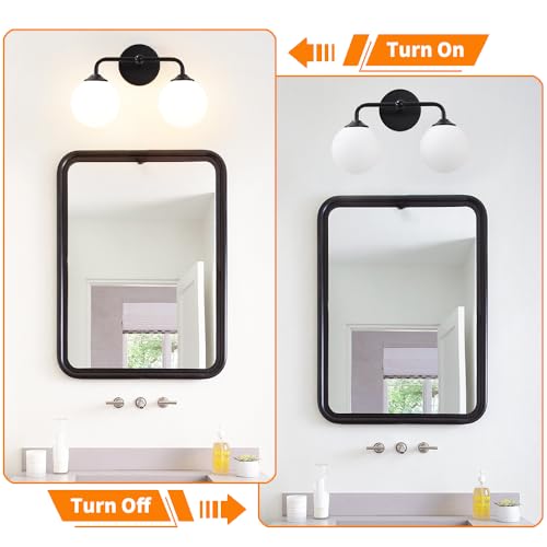 Image of Industrial Matte Black 2-Lights Bathroom Light Fixtures, Vanity Wall Sconce Lighting with Milky White Glass Shade, Modern Bathroom Vanity Lighting, Wall Sconces over Mirror Dressing Table Bedroom