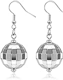 Adoshine Disco Ball Earrings for Women Silver Gold Disco Mirrorball Earrings Perfect for 70s outfits Dance Party Costume Accessories (Short-Silver)