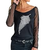 T-shirt dentelle femme pull femme mode casual rétro fil filet chaud strass chemise imprimée col V manches longues top blouse, Noir , XXL