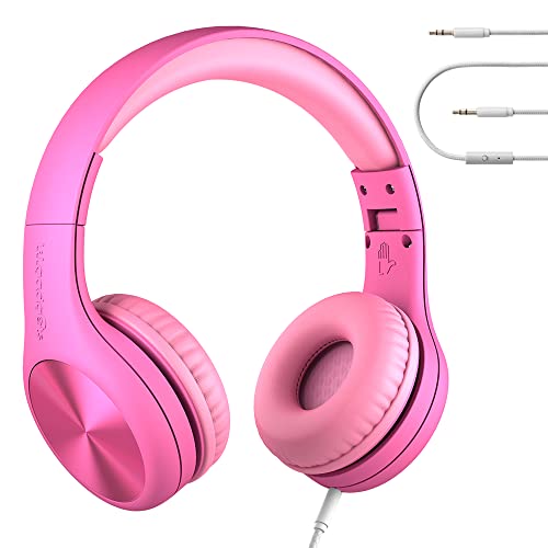 LilGadgets Connect+ Pro Kids Headphones with Mic & Cord, SharePort Technology, Over-Ear Foldable Headset, and Volume Limit 93db, Wired Inline 3.5mm Jack for School- Pink