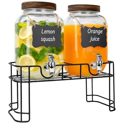 1 Gallon Drink Dispenser with Stand,2 Pcs Clear Glass Beverage Dispenser with Spigot, 2 pcs Wood Lid and Wooden Hangtags for Lemonade Dispenser,Tea Jar,BBQ, Picnic Parties