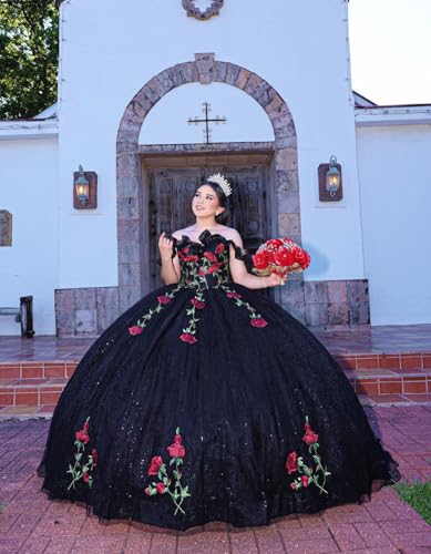 Youjiayi Sparkly Floral Quinceanera Dresses Puffy Lace Tulle Sweet 16 Dress with Train Off Shoulder Long Ball Gown4