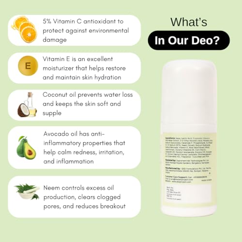 Image of The Deo Project Cucumber & Mint Natural Underarm Roll On | With 5% Vitamin C, 2% Lactic Acid, 2% Mandelic Acid | Prevents Odour, Reduces Pigmentation | For Radiant Underarms | Long Lasting | Alcohol & Aluminium-Free | Suitable for Sensitive Skin | Unisex - 50ML