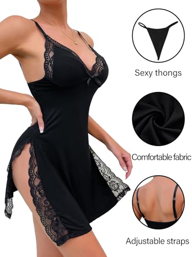 Sexy Split Side Floral Lace Trim Full Slip Night Gown Babydoll Lingerie Dress with Thong 2 piece2