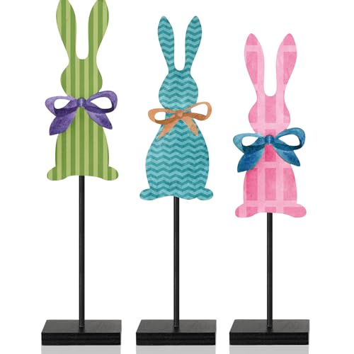 Burbell 3 Pcs Easter Bunny Table Decorations Wooden Bunny Tabletop Decor Rustic Rabbit Block Sign Farmhouse Spring Centerpiece Easter Decor for Home Mantel Office Desk