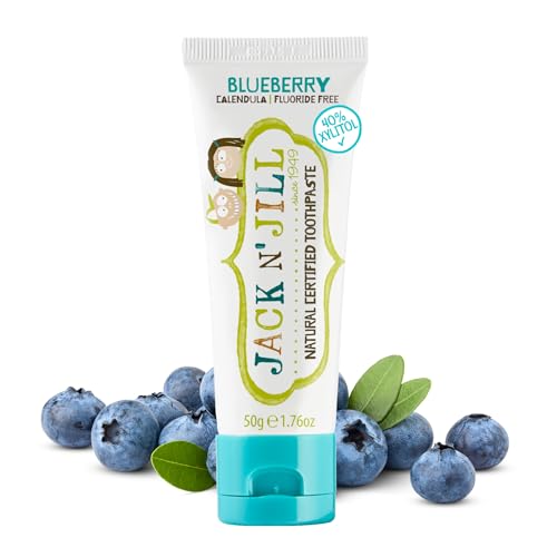 Image of Jack N' Jill Natural Toddler Toothpaste for Baby, Kids and Infants 6 Months & Up, Fluoride Free Training Toothpaste for Toddlers 1-3, 40% Xylitol, BPA Free - Blueberry, 1.76 oz (1 Pack)