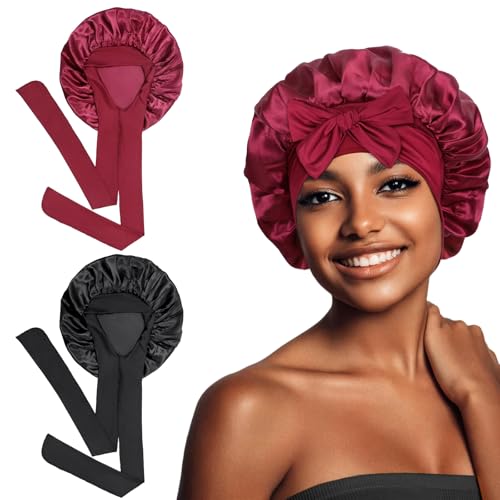 Euqvunn 2 Piezas Gorro De Seda para Dormir, Gorro Saten Pelo Rizado con Banda de Sujeción Ancha de 6.2×63cm, Seda Pelo Dormir Adecuado para Cabello Largo/Liso/Rizado Protección ((Negro Rojo)
