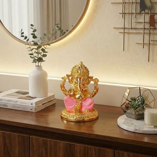 Image of Gold Plated Ganesh Idol | Ganpati Murti for Car Dashboard, Office Desk, Hindu God Gift & Home Decor - Resin (Gold & Pink)