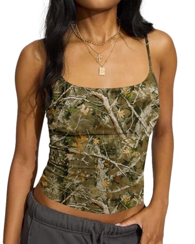 BAIGRAM Women Camo Crop Tank Top Spaghetti Strap Backless Camisole Fitted Maple Leaf Print Sleeveless Going Out Top Y2K