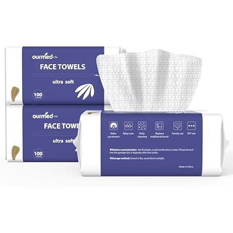 Ourmed Life Face Towels, Disposable Biodegradable Clean Facial Wash Cloth for Sensitive Skin, Lint- free Facial Towels for Cleansing, Skincare and Makeup Remover, Dry Wipes,300 Count Cover
