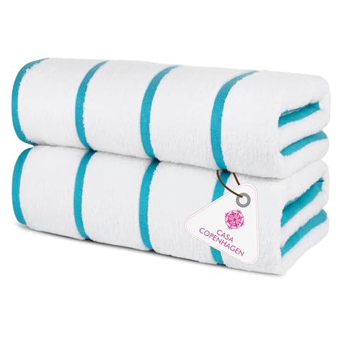 Image of Casa Copenhagen Pack of 2 Cabana Pool XL Towels for Bath Cotton Rough and Tough Use,70 x 140 cm Colour : White Teal Stripe
