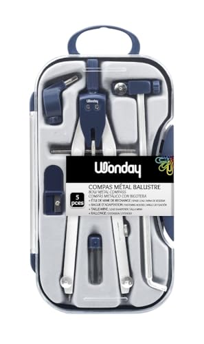 WONDAY - Compas, Coffret 5 pièces Technique Ballustre avec étui de mine, rallonge, taille-mine et...