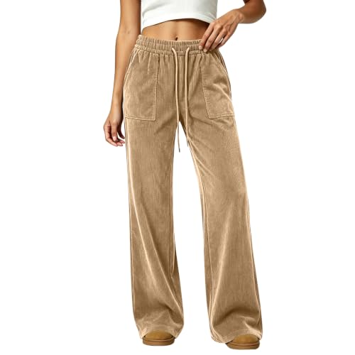 Womens Corduroy Pants Straight Leg Elastic Waist Bottoms with Pockets - image 2