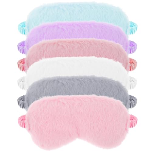6 Stück Plüsch Augenmaske Weiche Schlaf Eye Mask Bequem Pelziges Kunstfell Schlafmasken Satin Nickerchen Nacht Augenbinden Schlafbrille für Damen Und Herren Kinder Sleeping, Geschenk (6 Farben)