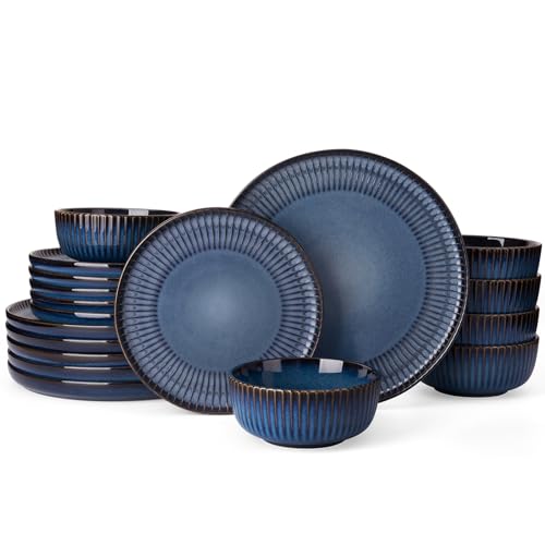 Image of Famiware Starlight 18-Piece Plates and Bowls Sets for 6, Stoneware Dinnerware with Ribbed Textured, Handcrafted Reactive Glaze Dishes - Dishwasher & Microwave Safe, Chip /Scratch Resistant, Starry Blue
