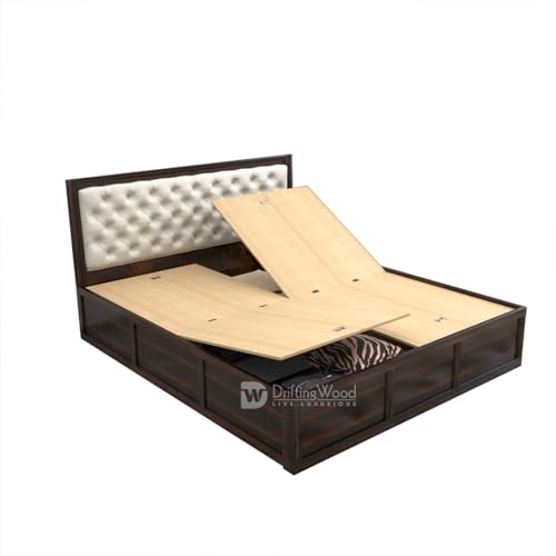 Image of DRIFTINGWOOD Dolvi Sheesham Wood King Size Bed with Storage | Wooden Double Bed Cot Bed with Box Storage & White Rexine Upholstered Cushioned Headboard for Bedroom | Walnut Finish