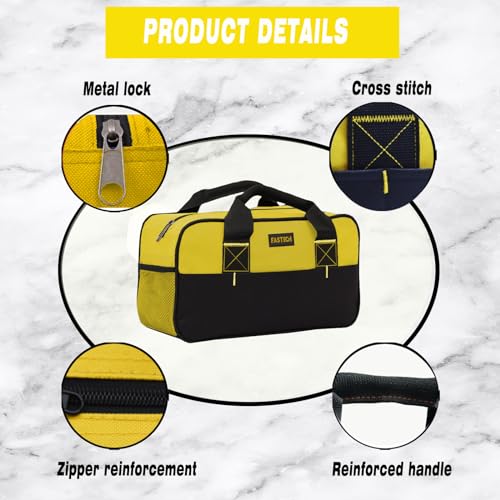 Image of FASTECH 14 Inch Tool Bag, Small Wide Mouth Tool Tote Bag, Waterproof Tool Organizer Bag, Electricians Repairman Tools Tote Bag Double Fabric Storage Bag (Yellow)