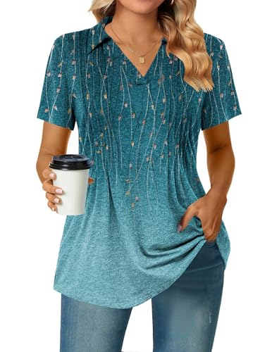 Zeagoo Womens Short Sleeve Polo T Shirts Pleated V Neck Tee Collared Summer Tops Fashion Business Casual Work Blouse