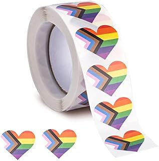 XINGHUI 500 Pcs Progress Pride Paper Stickers Heart Shape Rainbow Stickers LGBT Paper Labels 500PCS Labels on a Roll, 2.5cm/1"