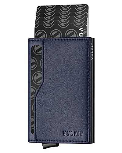 VULKIT Tarjetero con Doble Ventana de Identificación Cartera de Cuero Cartera con Bloqueo RFID Cartera de Tarjeta Emergente Automática para Tarjetas y Notas