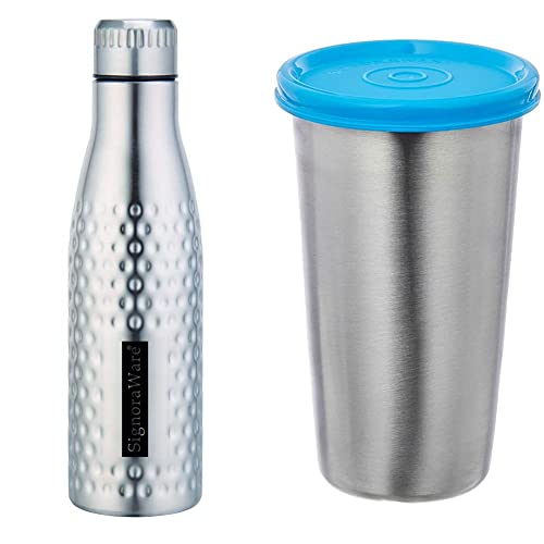 Image of Signoraware Aace Hammered Single Walled Stainless Steel Fridge Water Bottle, 1000ml, Silver + Stainless Steel Tumbler, Blue COMBO