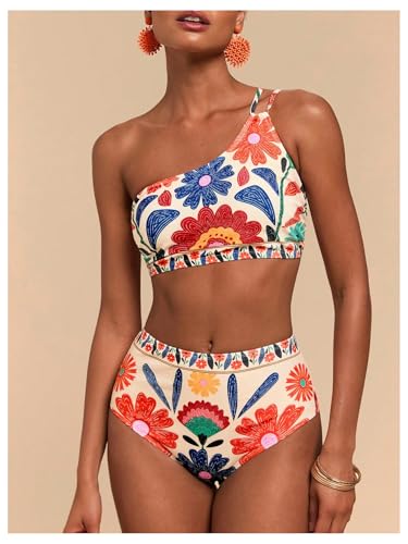 MakeMeChic Women's High Waisted Bikini Set Floral One Shoulder Boho Swimwear Bathing Suit Swimsuit3