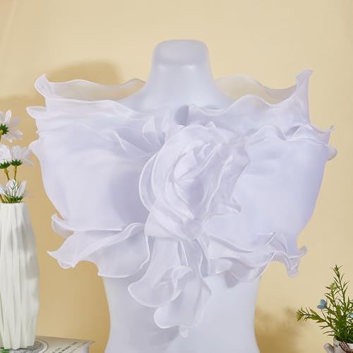 White Chiffon Shawl Wrap Ruffle Trimming Vintage Sheer Silk Fabric Cape Pleated Wave Floral Edging Detachable Soft Collar for Wedding Bridal Decoration Women Party Birthday Dresses Clothes3