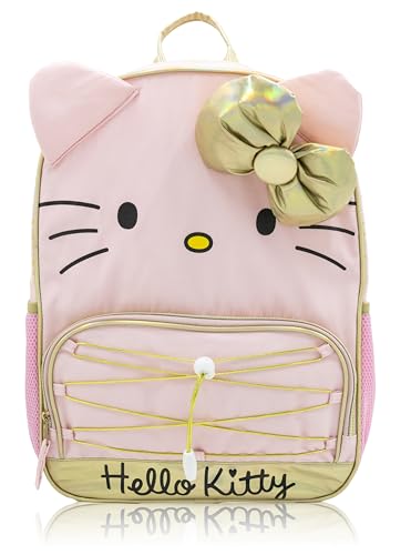 Sanrio Hello Kitty Backpack for Girls | 16" Bookbag with 3D Ears, Gold Bow & Bungee Front Pocket | Pink Hello Kitty School Bag, Kids, Toddlers, Teens | Cute Travel Daypack, Top Handle, Ages 3+