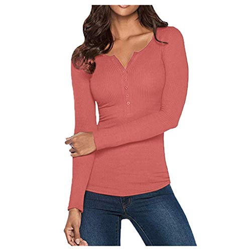 POLP Camisas con Cuello en V para Mujer 2019 Camisetas de Manga Larga de Punto con Botones Sólidos y Tops Básicos Slim Fit Otoño Blusas Mujer (PK, M) Cover