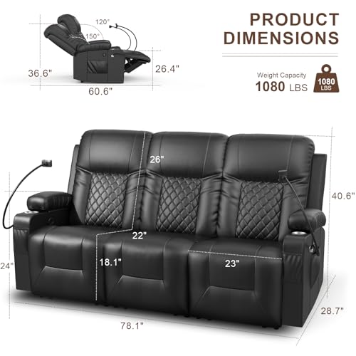 FURNIMAT Recliner Sofa, 3 Seats Dual Reclining Sofa, PU Leather Loveseat Couch, Modern Recliner Chair for Living Room, with Cup Holder and 2 Cell Phone Holder, USB Ports, Black