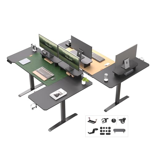 JWX L Shaped Standing Desk 63'x43', Dual Motor Height Adjustable Desk with Reversible Corner Setup, Curved Desktop, Upper Shelf, Cable Tray, Cup Holder, Headphone Hook, Matte Black