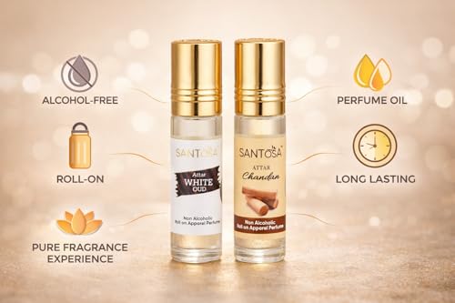 Image of Santosa Chandan & White Oud Attar - 2 x 6ml Alcohol-Free Roll-On Perfumes - Long-Lasting Sandalwood & Woody Oud Itra for Men & Women - Natural Fragrance Gift Set
