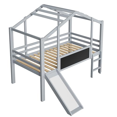 Merax Kinderbett 90×200 cm, Hochbett aus Massivholz, im Haus-Design mit Rutsche, Graffiti-Tafel, Multifunktionsbett, Einzelbett, platzsparendes Spielbett für Kinderzimmer, Grau (ohne Matratze)