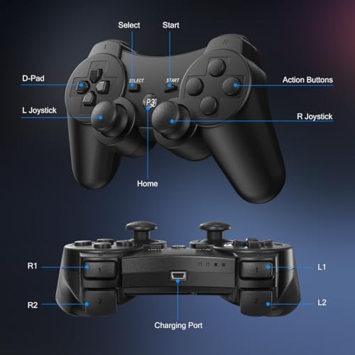 Image of Yinjie 2 Pack Wireless Controller for PS3, Compatible with Playstation 3 | with 2 Charging Cables (black)