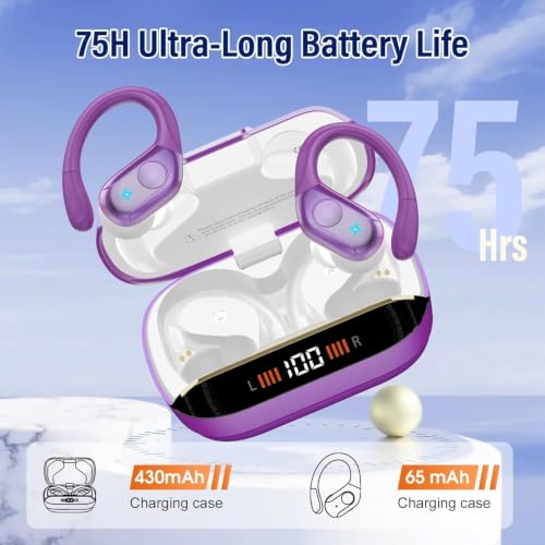 Image of Qecnato Wireless Earbuds Bluetooth 5.4 Headphones 75H Stereo Deep Bass Sports Over Ear Buds with Earhooks, LED Display Bluetooth Earbuds with 4 ENC Mic, IP7 Waterproof Earphone for Running,Dark Purple