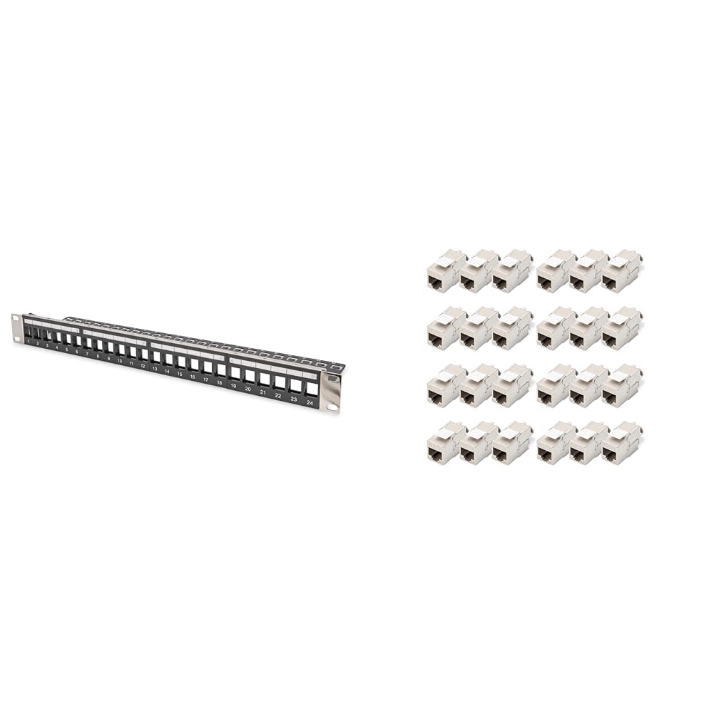 DIGITUS Set: Pannello patch - modulare - 19 pollici - 24 porte - schermato - montabile su rack 1U - nero - con 24x modulo Keystone Cat6A