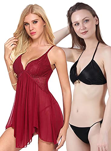 Image of Love Maker Lace Net Stylish Women Nightwear with Cotton Bra Panty Set for Women, Non Padded Bra Panty Set for Women & Night Wear Honeymoon Nighty for Women.