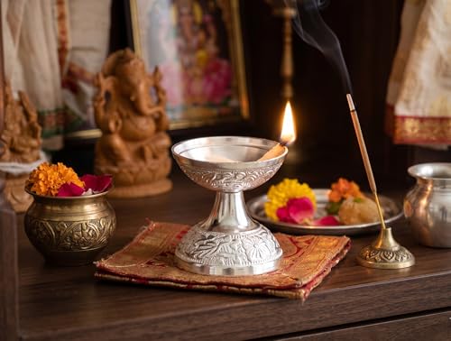 Image of KridayKraft Silver Plated Pooja Thali Set with Swastik Design - Includes Diya and 2 Bowls for Puja, Diwali, and Gifting (19 cm Plate, 110g)