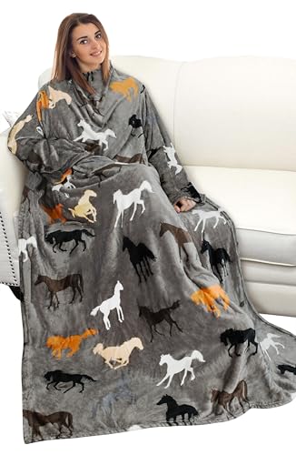 Catalonia Horse Print Wearable Blanket with Sleeves and Pocket Soft Comfy Fleece Snuggy Wrap Throws Blanket Robe for Women and Men