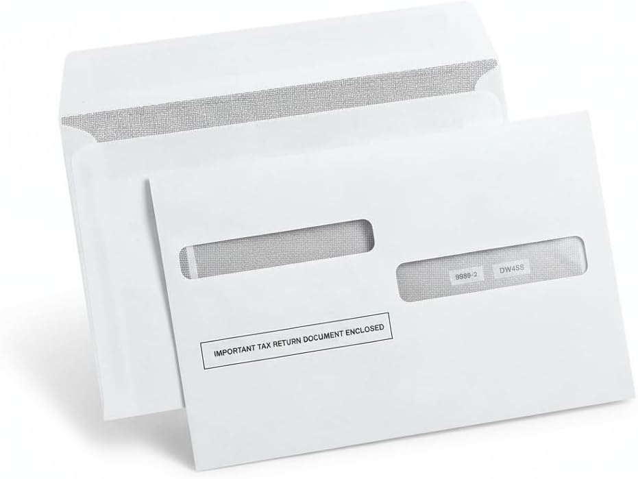 W2 tax Form Envelopes, Double Window Security Envelope for 4-Up Style W-2 Tax Forms, Self Seal, Security Tintet W-2 Tax Forms Envelopes 25 Pack