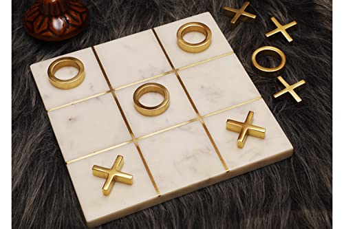 Image of MARBLEOUS Marble Tic Tac Toe Game, Marble Brass Game (with 5 Solid Brass X's O's), Marble Board Game, Board Game for Kids, Marble Game, Coffee Table Decor