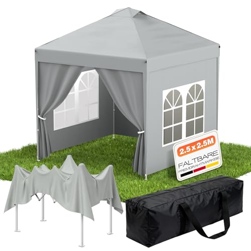 Huracan Pavillon 2.5x2.5m Faltpavillon Wasserdicht Stabil Winterfest Faltbar Partyzelt mit Seitenteilen Pop up Gartenpavillon Stahlrahmen UV Schutz Höhenverstellbar für Strand Hochzeit Grau