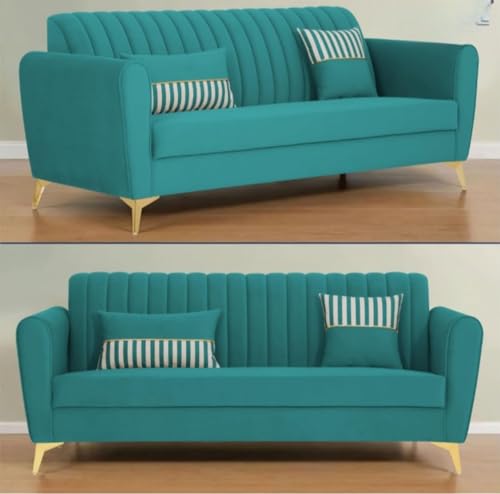 Image of 5 Seater Sofa Set 3+1+1 Teal cluor Fabric | Modern Living Room Furniture | Solid Wood Frame | Premium Cushioned Comfortable Couch Set for Home & Office, Free 4 Pillow.