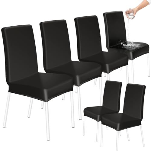 HOZKUY Juego de 6 fundas elásticas para sillas de comedor, de piel sintética, impermeables, con respaldo alto, lavables, universales, para comedor, cocina, hotel, restaurante, hogar, boda, color negro