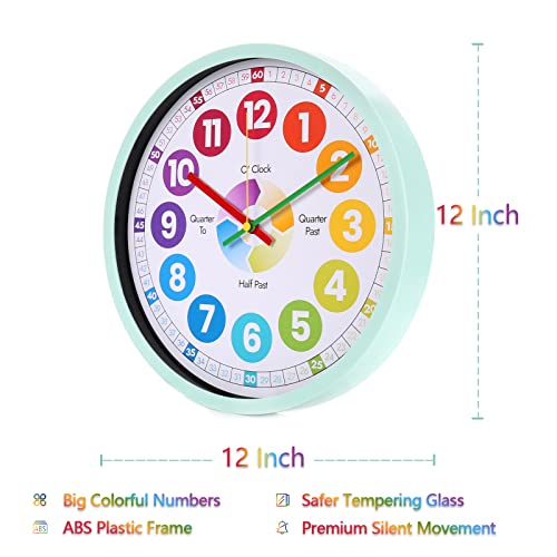 Wonzom 12 Inch Educational Time Teaching Wall Clock For Kids, Silent Non-Ticking Battery Operated Learn To Tell Time Clock, Colorful Wall Clock For Children Living Room/Bedroom/Study Room/Classroom #TOP2