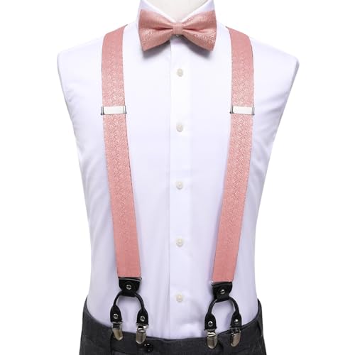 Image of Hi-Tie Men Suspender Bowtie Set Suspenders Pre-tied Bow Tie Pocket Square Cufflinks Adjustable Y Shape 6 Clips Braces Tuxedo