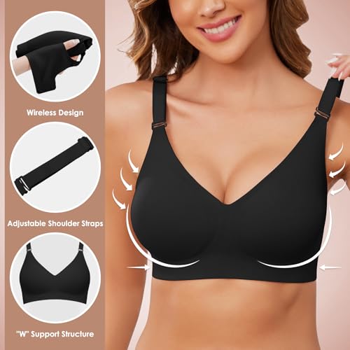 Lonya Bras for Women Push Up Seamless Non Wired Support Full Coverage Ladies V Neck Wireless Bra Comfort Adjustable Padded Zero Feel Bralettes, Black, XL - Image 3