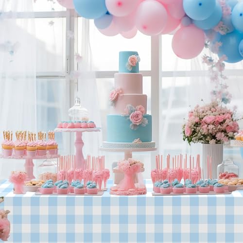 Image of Ganeen 3 Pcs Blue and White Checkered Tablecloths Disposable Plastic Gingham Table Cloths Waterproof Rectangle Plaid Table Cover for Parties Wedding Picnic Camping Birthday Party Decor, 54 x 108 Inch
