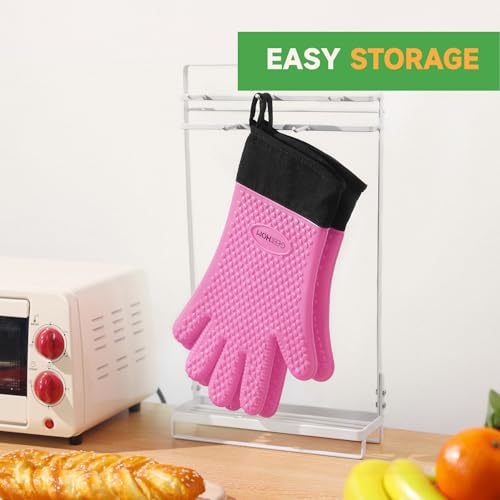 Image of GEEKHOM BBQ Gloves Heat Resistant Oven Mitts - Silicone Grilling Gloves with 13.7 inch Arm Protection - Waterproof Pot Holder Non-Slip for Men & Women, Kitchen Outdoor Cooking, Baking, Camping, Pink
