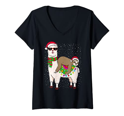 Donna Llama di equitazione bradipo regalo di Natale carino bradipo lama di Natale Maglietta con Collo a V
